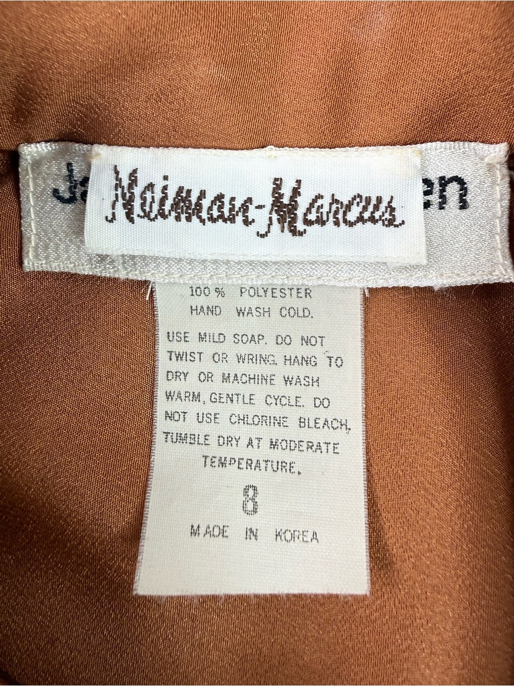 Neiman Marcus Jack Mulqueen Satin Tie-Neck Blouse Copper Brown Vintage Size 8 - Picture 4 of 10